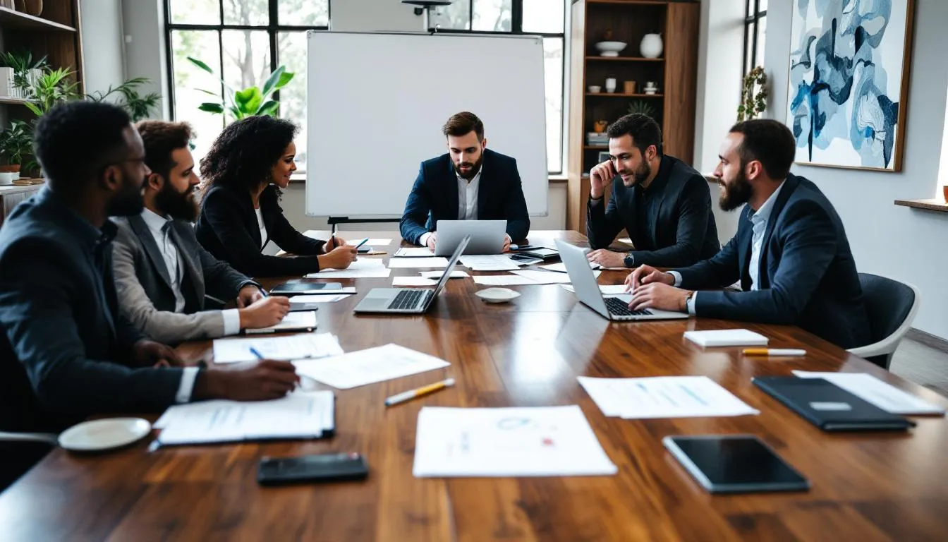 A diverse business team is gathered around a conference table, collaborating on a comprehensive go to market strategy for an upcoming product launch. They are discussing key elements such as target customers, marketing channels, and competitive advantages to ensure a successful product launch and effective customer acquisition.