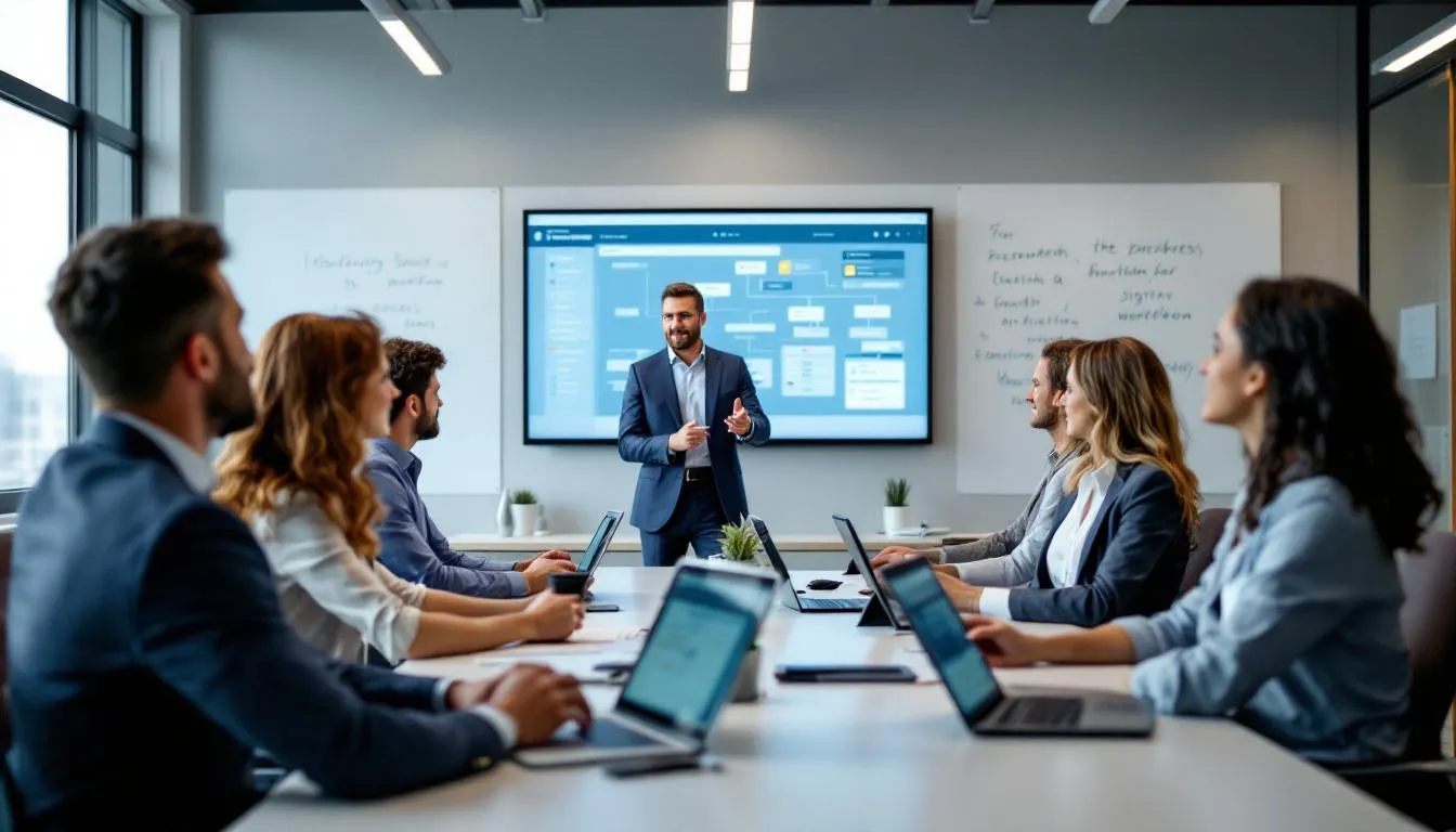 The image depicts a training session focused on the adoption of automated workflows, highlighting the importance of business process automation in enhancing operational efficiency. Participants engage in discussions about robotic process automation (RPA) and strategies to streamline repetitive tasks, aiming to improve overall business processes and customer satisfaction.