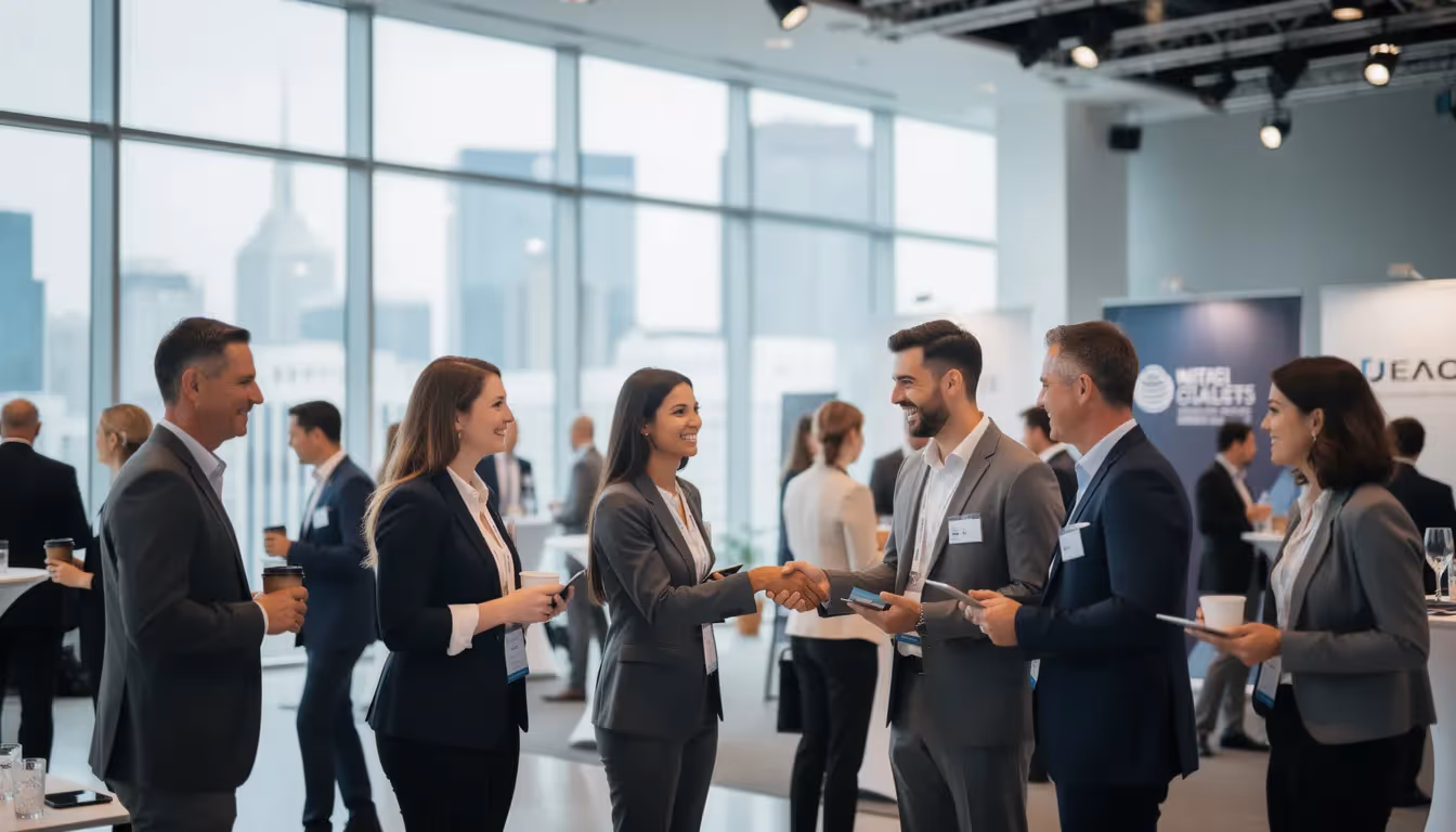 A diverse group of professionals is networking at a business conference, engaging in meaningful conversations and exchanging insights to enhance their LinkedIn presence. This gathering serves as a platform for building connections and fostering audience engagement among individuals in the same niche.