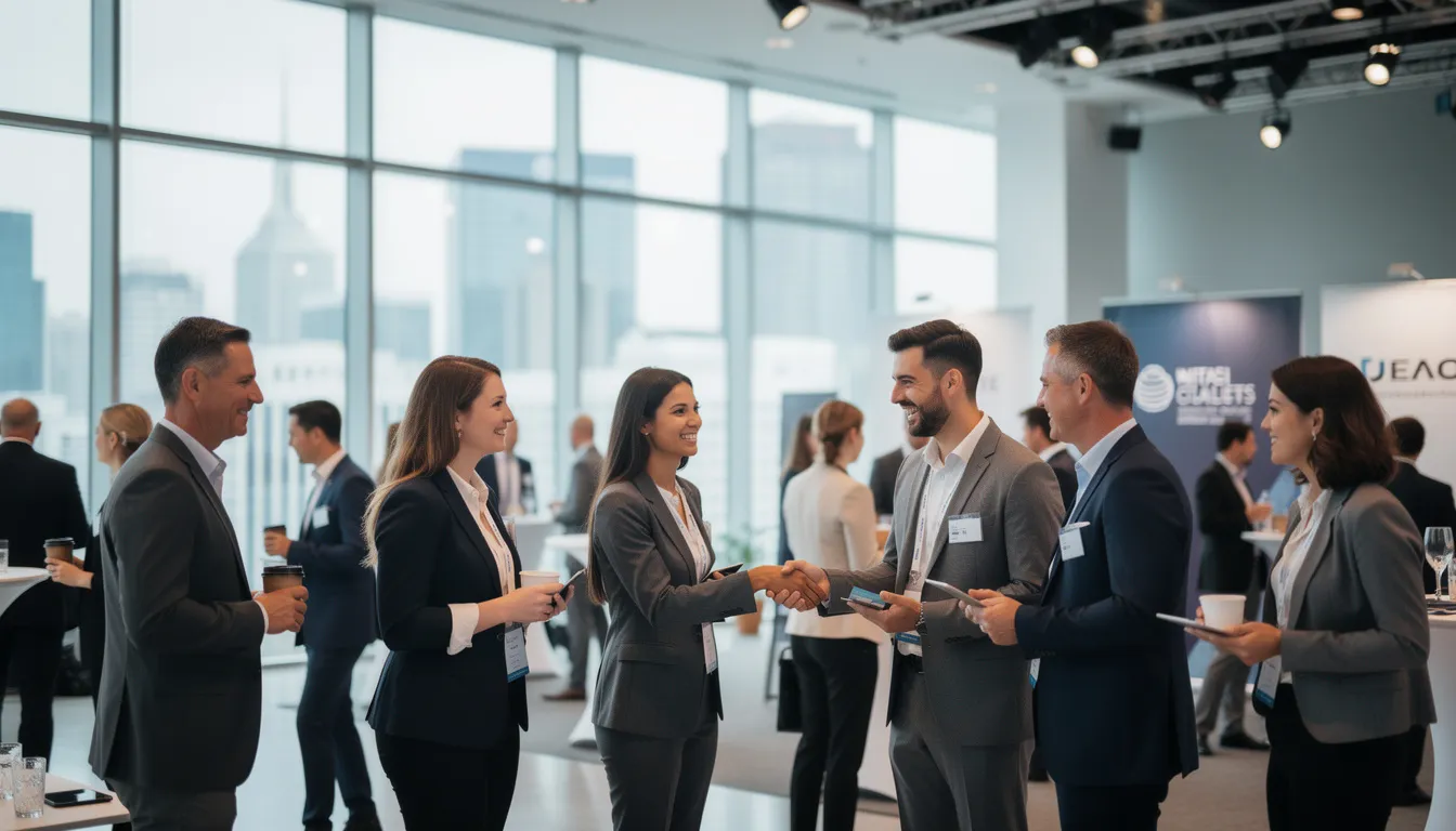 A diverse group of professionals is networking at a business conference, engaging in meaningful conversations and exchanging insights to enhance their LinkedIn presence. This gathering serves as a platform for building connections and fostering audience engagement among individuals in the same niche.
