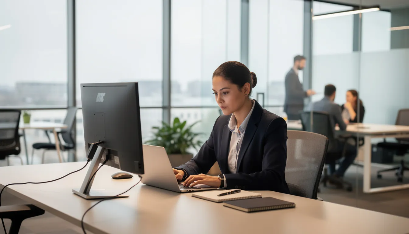 A professional businessperson is focused on their laptop in a sleek, modern office environment, likely engaging with their LinkedIn profile to create compelling content and enhance their presence on social media platforms. The scene reflects a commitment to thought leadership and audience engagement, essential for building a strong personal brand and attracting potential clients.