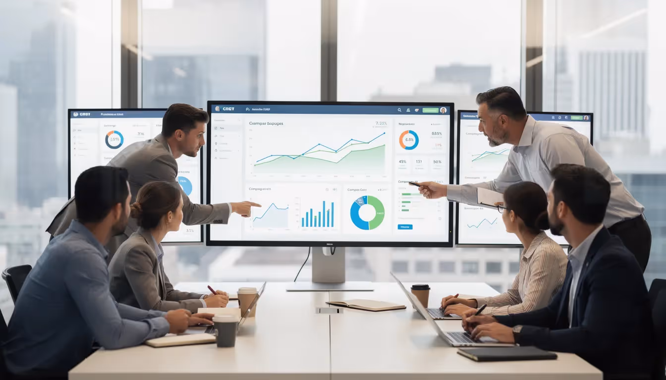 The image shows a marketing team engaged in a collaborative review of an analytics dashboard displaying various charts and graphs on multiple screens, focusing on their lead generation efforts and strategies for generating targeted leads. The team analyzes valuable insights to enhance their marketing campaigns and better understand their target audience.