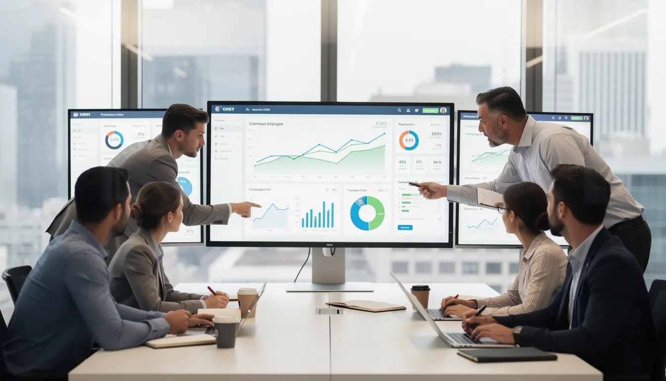 The image shows a marketing team engaged in a collaborative review of an analytics dashboard displaying various charts and graphs on multiple screens, focusing on their lead generation efforts and strategies for generating targeted leads. The team analyzes valuable insights to enhance their marketing campaigns and better understand their target audience.