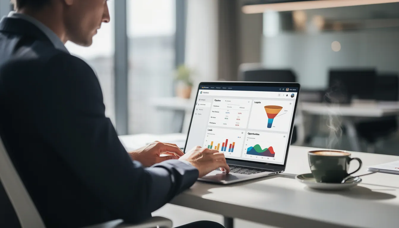 A sales professional is focused on their laptop, where a CRM interface is displayed, aiding in targeted lead generation efforts. A coffee cup is placed nearby, suggesting a productive work environment aimed at generating high-quality leads and enhancing customer relationships.