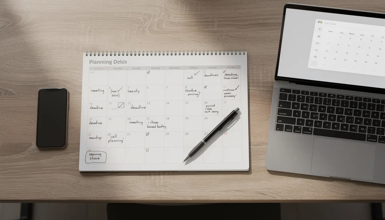 The image shows a business calendar filled with planning notes alongside a laptop on a wooden desk, emphasizing the importance of organized lead generation efforts for sales teams. This setup suggests a focus on targeted lead generation strategies to effectively reach the target audience and convert potential customers.