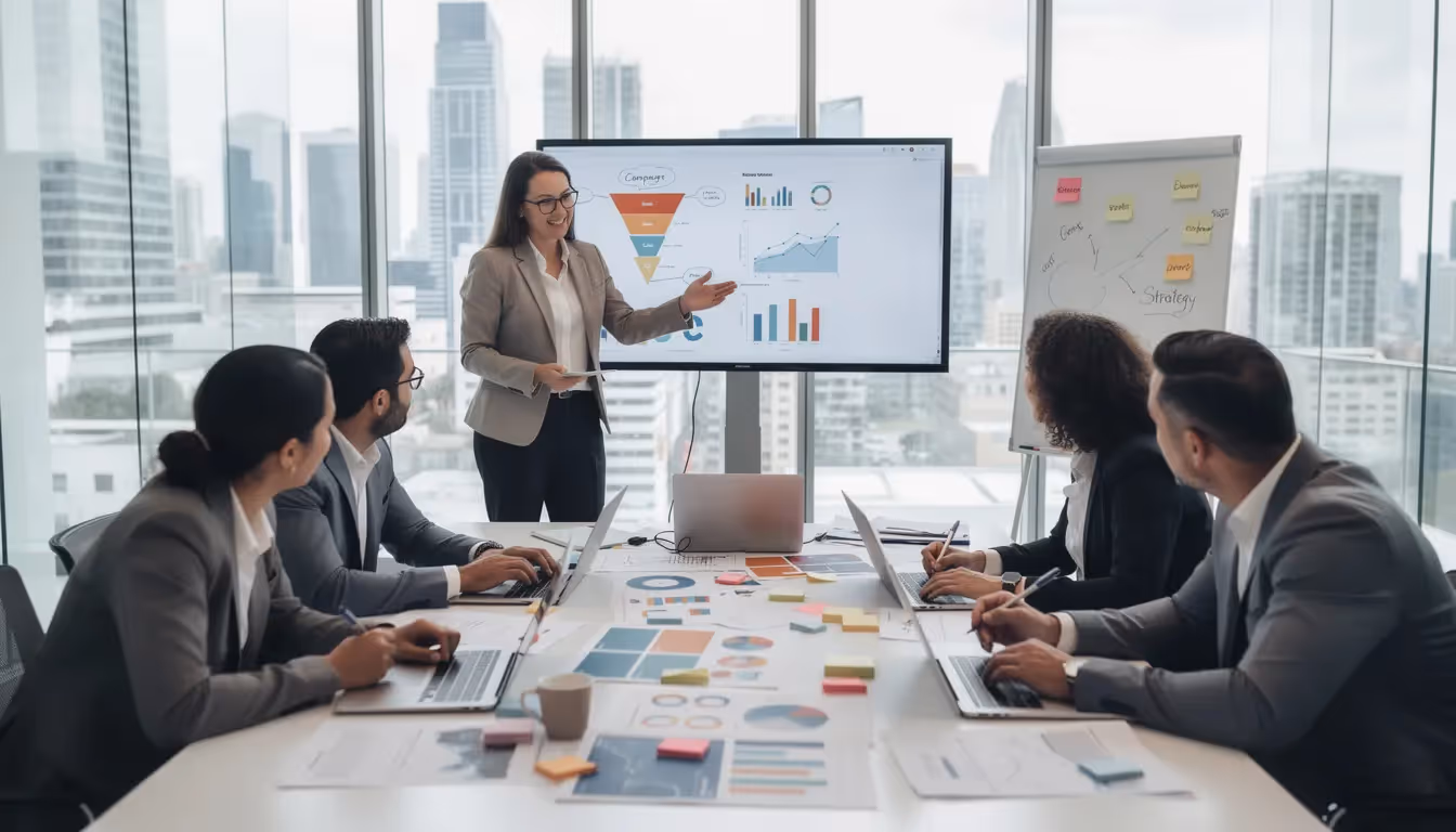 A diverse business team is collaborating in a modern office space, discussing strategies for targeted lead generation and marketing efforts. They are engaged in a brainstorming session, focusing on generating high-quality leads to better reach their target audience.