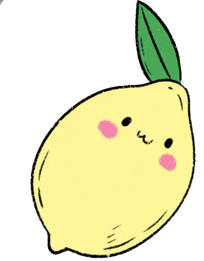 Niedliche gelbe Zitrone mit einem lächelnden Gesicht und grüner Blattspitze.