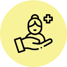 Symbol einer Hand, die eine Person mit einem medizinischen Kreuz über ihr hält, vor gelbem Kreis im Hintergrund.