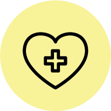 Schwarzes Herzsymbol mit einem Pluszeichen in der Mitte auf gelbem Hintergrund.