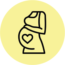 Schwangeres Frauenumrisssymbol mit Herz auf dem Bauch vor gelbem Hintergrund.