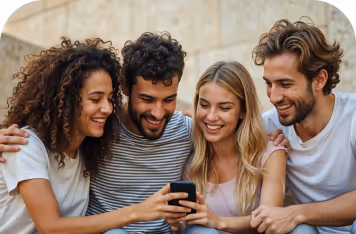 Four friends sitting close together smiling and looking at a smartphone.