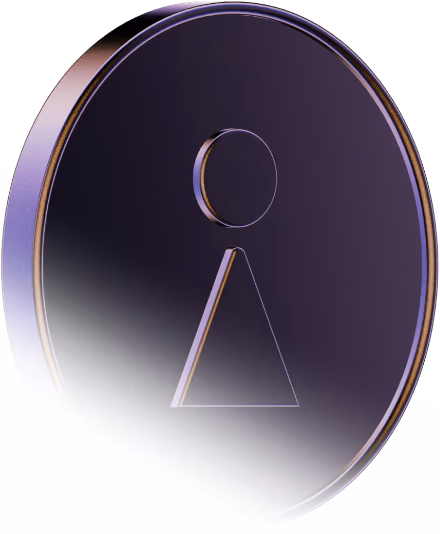 3D purple circular icon with an information symbol made of a circle above a triangle.