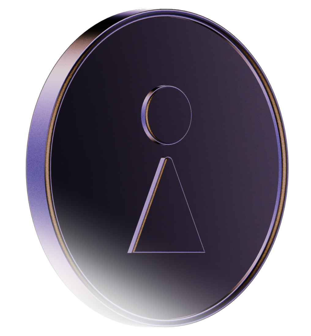 Circular purple token with an abstract human figure symbol, consisting of a circle above a triangle.