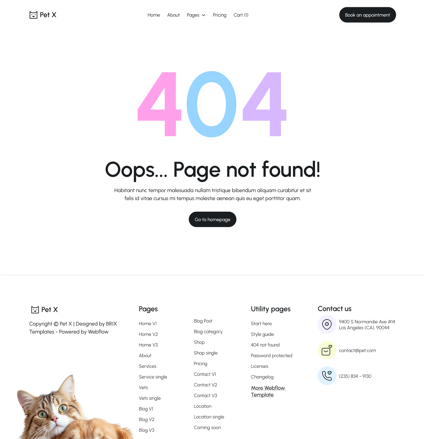 Pet X 404 Not Found Utility Page Veterinary Webflow Template