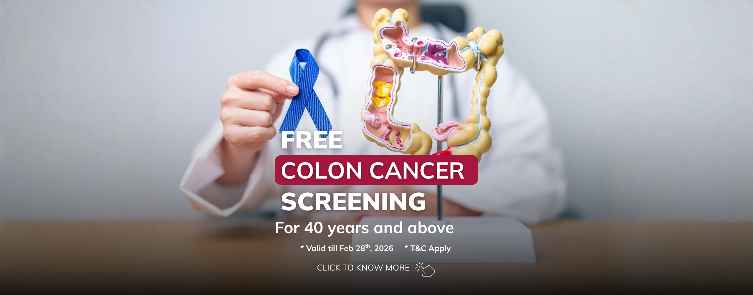 A person in a white coat holds a blue awareness ribbon beside a model of a human colon, with text promoting free colon cancer screening for ages 40 and above.