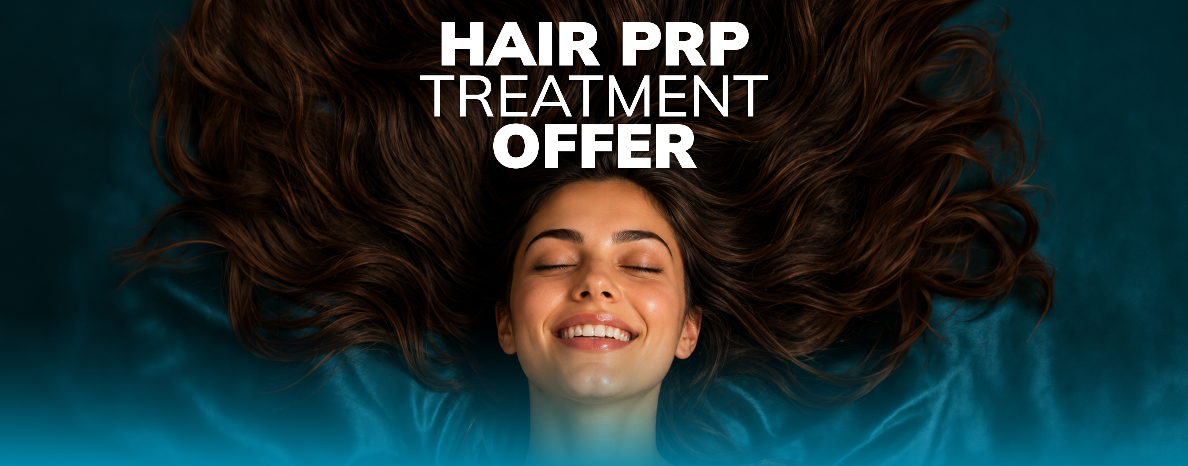 Smiling woman with long, flowing hair lying down under text Hair PRP Treatment Offer.