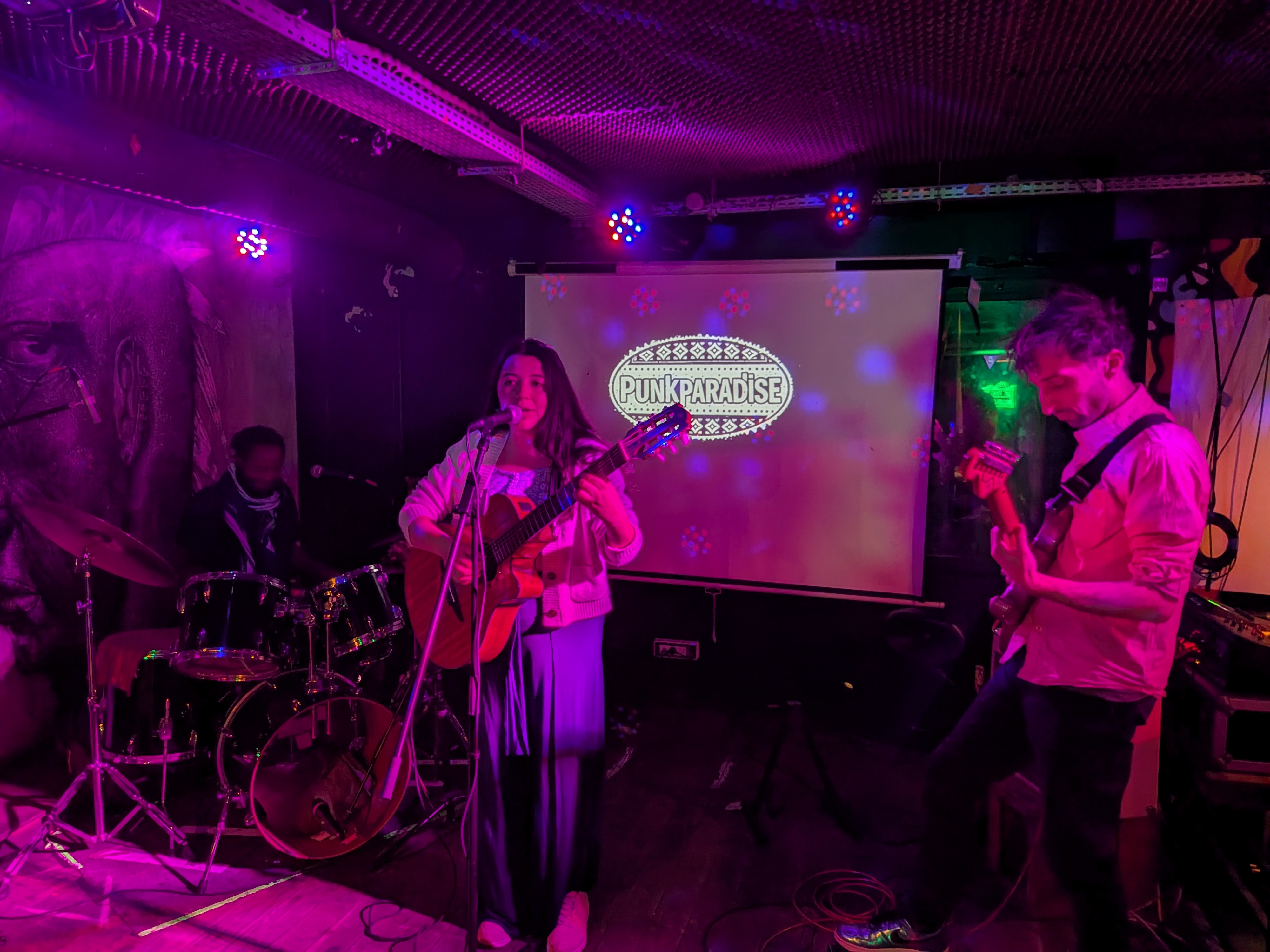Groupe de musique sur scène jouant dans un club avec un logo Punk Paradise projeté derrière.