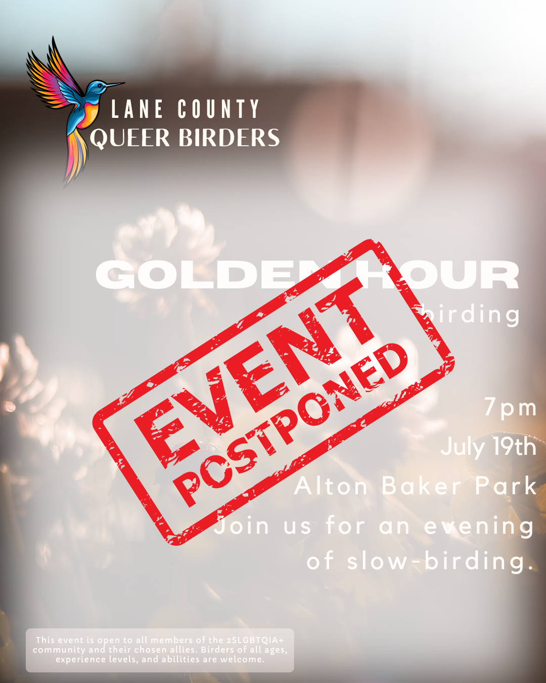 White text over an abstract flower background. July birding at Alton Baker, 7pm July 19th.