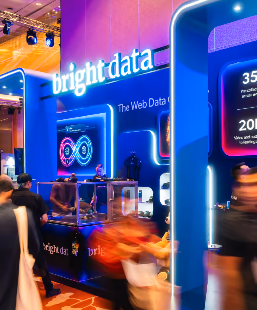 Crowd at the Bright Data booth, Diamond Sponsor, at SuperAI 2026.