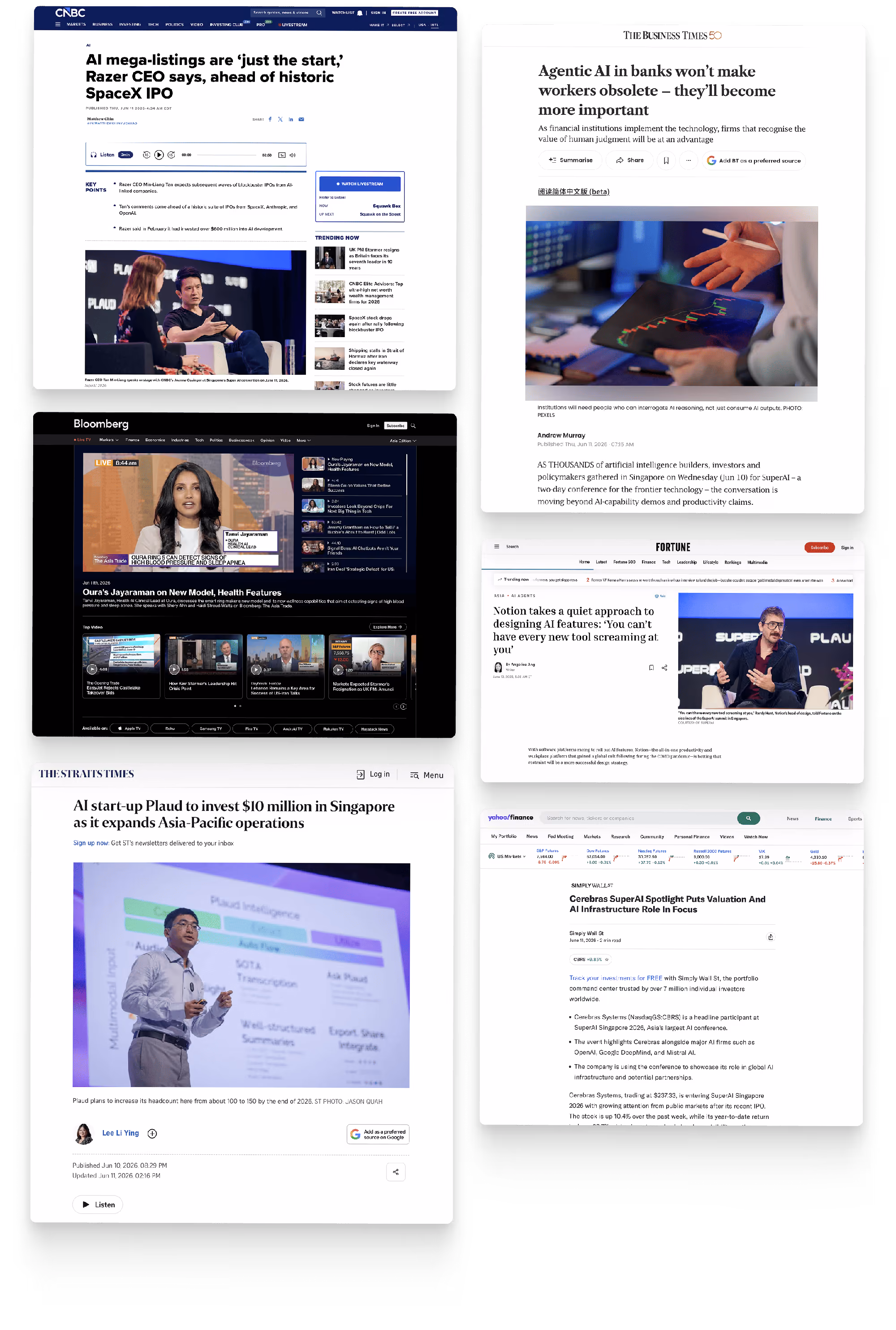 Collage of press coverage from CNBC, Bloomberg, The Business Times, The Straits Times, Fortune, and Yahoo Finance about SuperAI 2026.