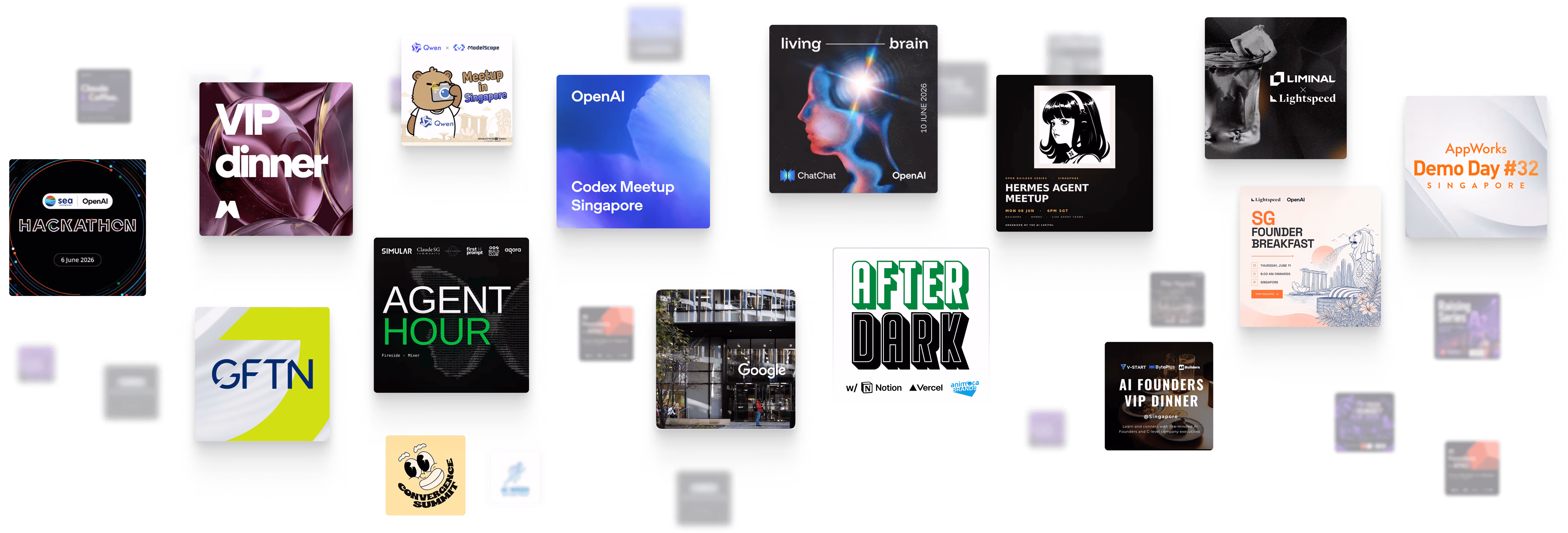 Collage of event posters and banners from Singapore AI Week satellite events, including hackathons, VIP dinners, and meetups.