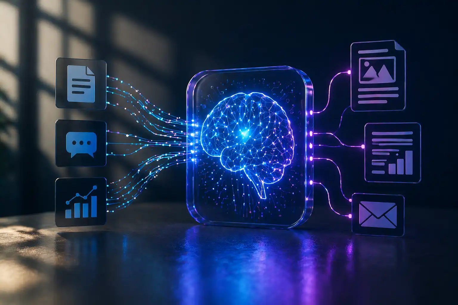 Purple and blue network of brain and wires connecting to chat bubble and email icons signifying AI