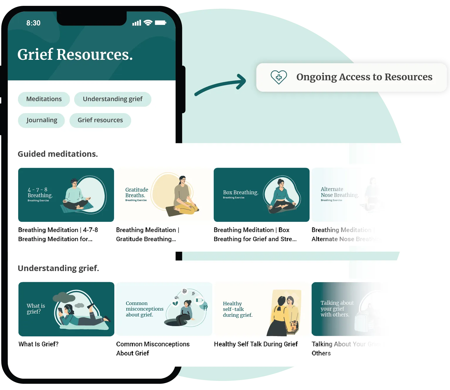 mockup of grief resources with phone

