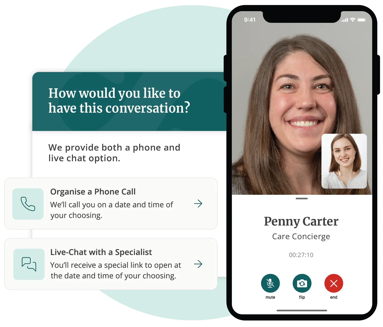 Visual showing options for how a user can speak with their Care Concierge, Penny Carter, through either a phone call or live chat. A video call interface is shown with Penny speaking to a specialist, along with call control buttons (mute, flip, end).