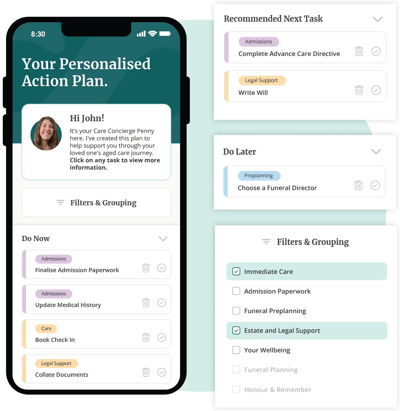Personalised action plan screen for a user named John, with tasks grouped under headings like “Do Now,” “Recommended Next Task,” and “Do Later.” Tasks include medical history updates, legal support, and funeral planning. A filter menu allows users to customize task visibility by care category.