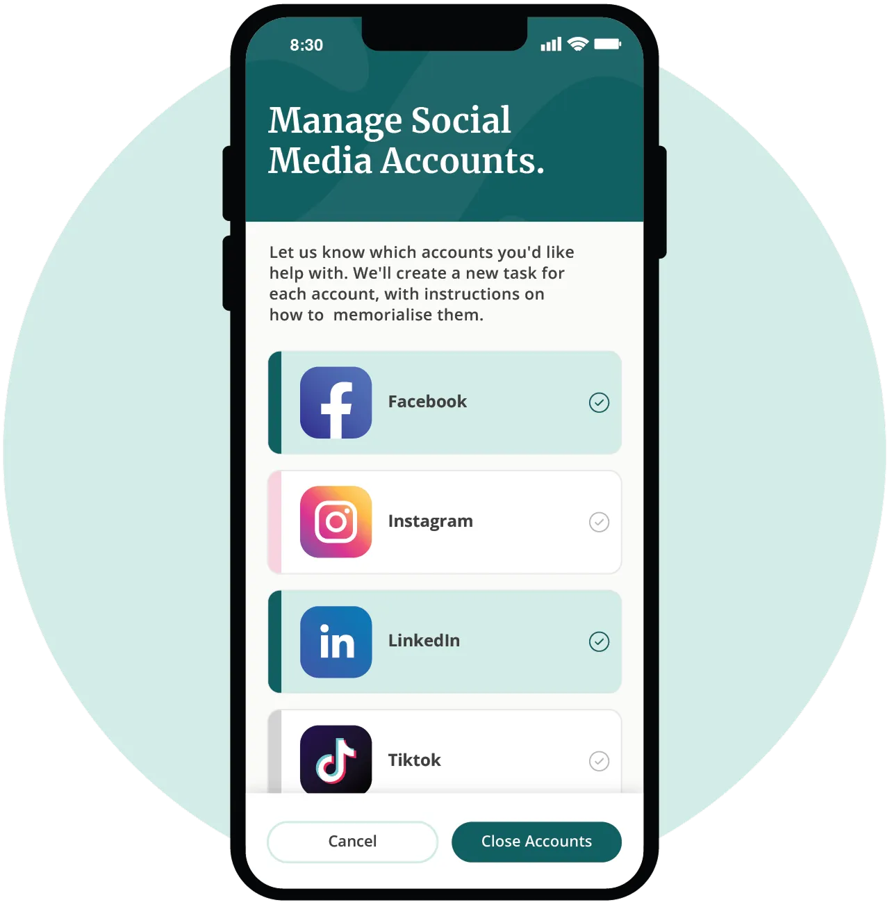Time-saving tools signified by a phone mockup showing social media channels connected to your Careloop account