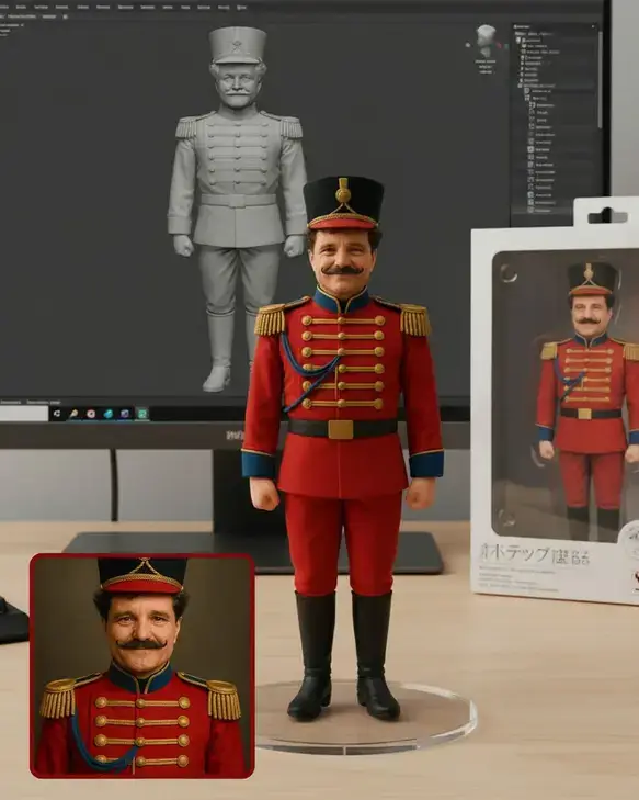 soldier action figure on table front of computer