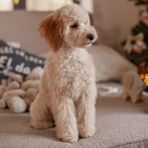 a dog sitting at sofa