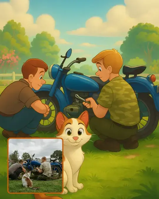 Cartoon illustration of two boys repairing a blue motorcycle in a sunny field while a happy white and orange cat sits in the foreground.