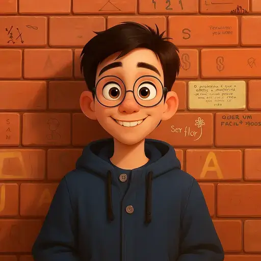 Cartoon boy with round glasses and a blue hoodie smiling in front of a doodle-covered brick wall.
