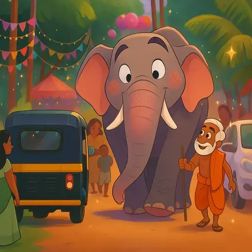 Cheerful cartoon elephant walking through a colorful street parade beside a blue auto rickshaw and a smiling monk, surrounded by people, lights, and festive decorations.