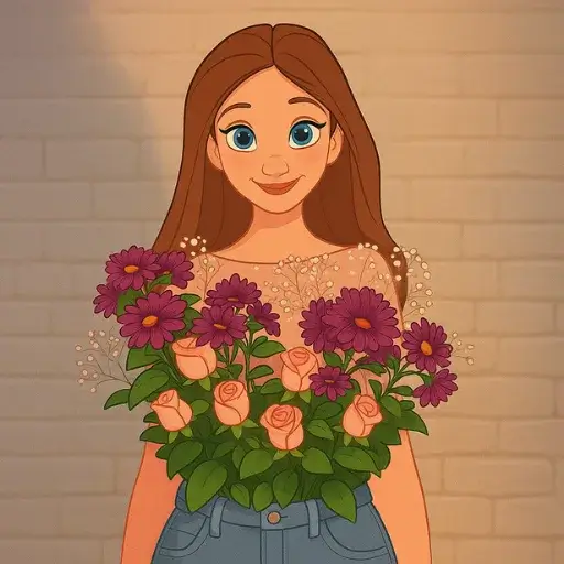Smiling cartoon girl with long brown hair standing in front of a brick wall, wearing jeans and a sheer top covered with a bouquet of pink roses and purple flowers.