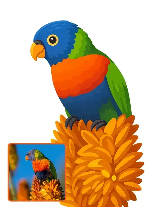 Bright, stylized parrot with blue, green, and orange feathers perched on a glowing orange flower against a dark blurred background.