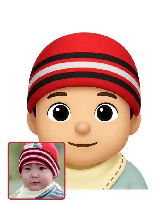 3D emoji-style child face wearing a red beanie with black and white stripes, smiling against a dark gradient background.