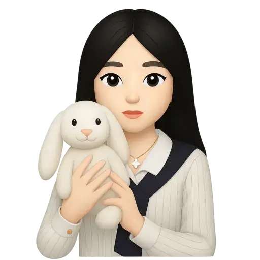 Emoji-style girl with long dark hair holding a white bunny plush toy in both hands, wearing a striped shirt and navy vest against a dark gradient background