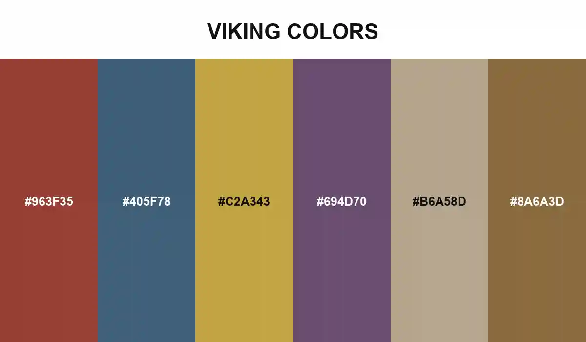 Historical Viking colors with madder red, woad blue, weld yellow, lichen purple, wool, and bronze HEX values