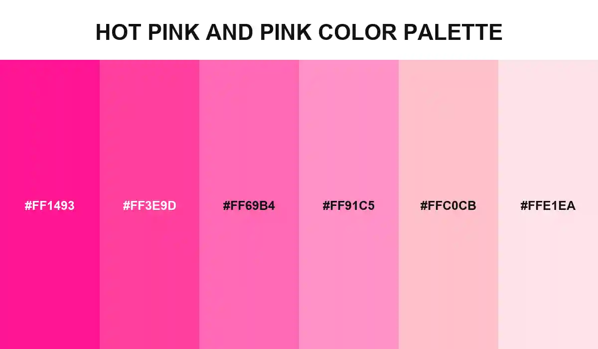 Hot pink and pink color palette from DeepPink to pale pink HEX values