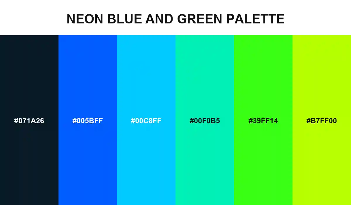 Neon blue and green palette with dark circuit, cyan, mint, green, and acid lime HEX values