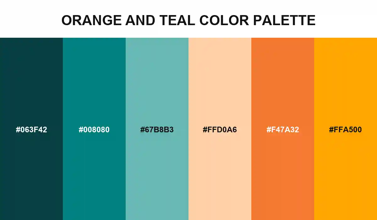 Orange and teal color palette with dark teal, CSS teal, tide tint, apricot, burnt orange, and CSS orange HEX values