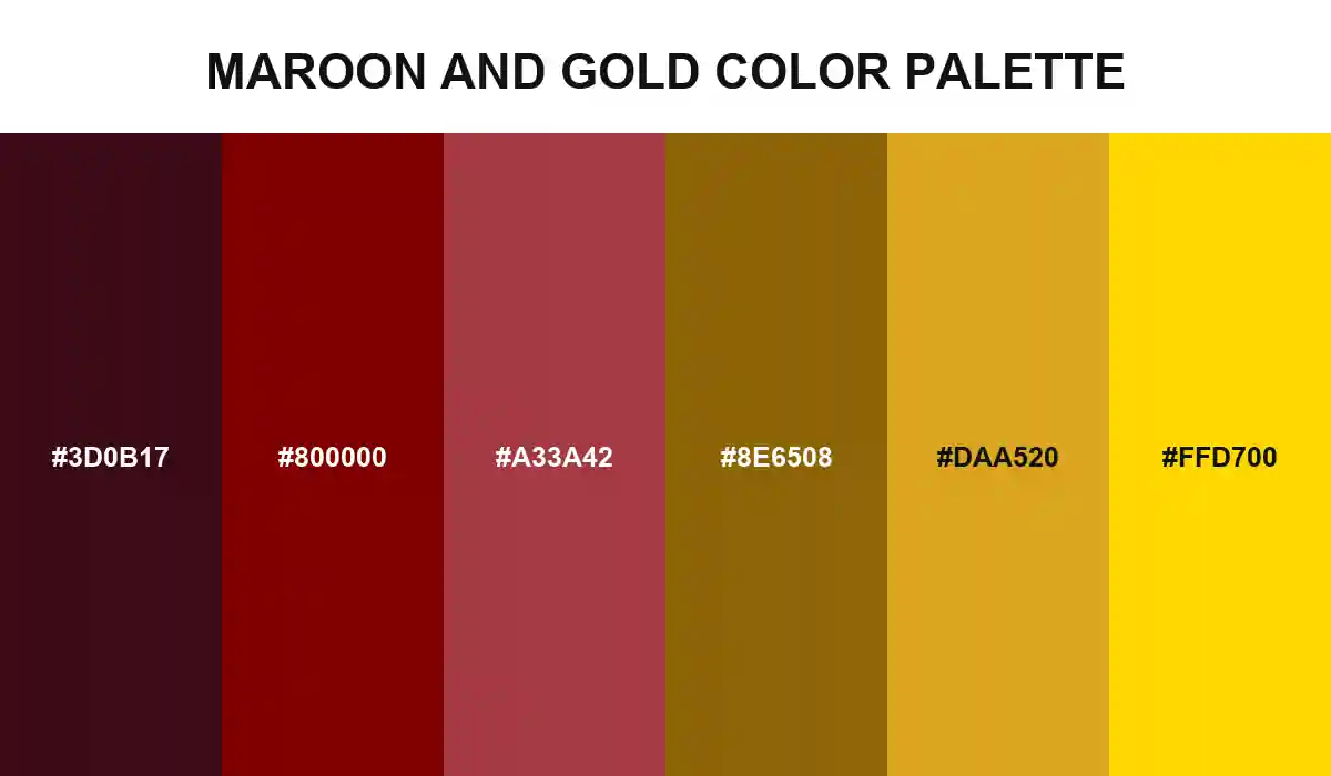 Maroon and gold color palette with ink maroon, CSS maroon, velvet red, antique gold, goldenrod, and gold HEX values
