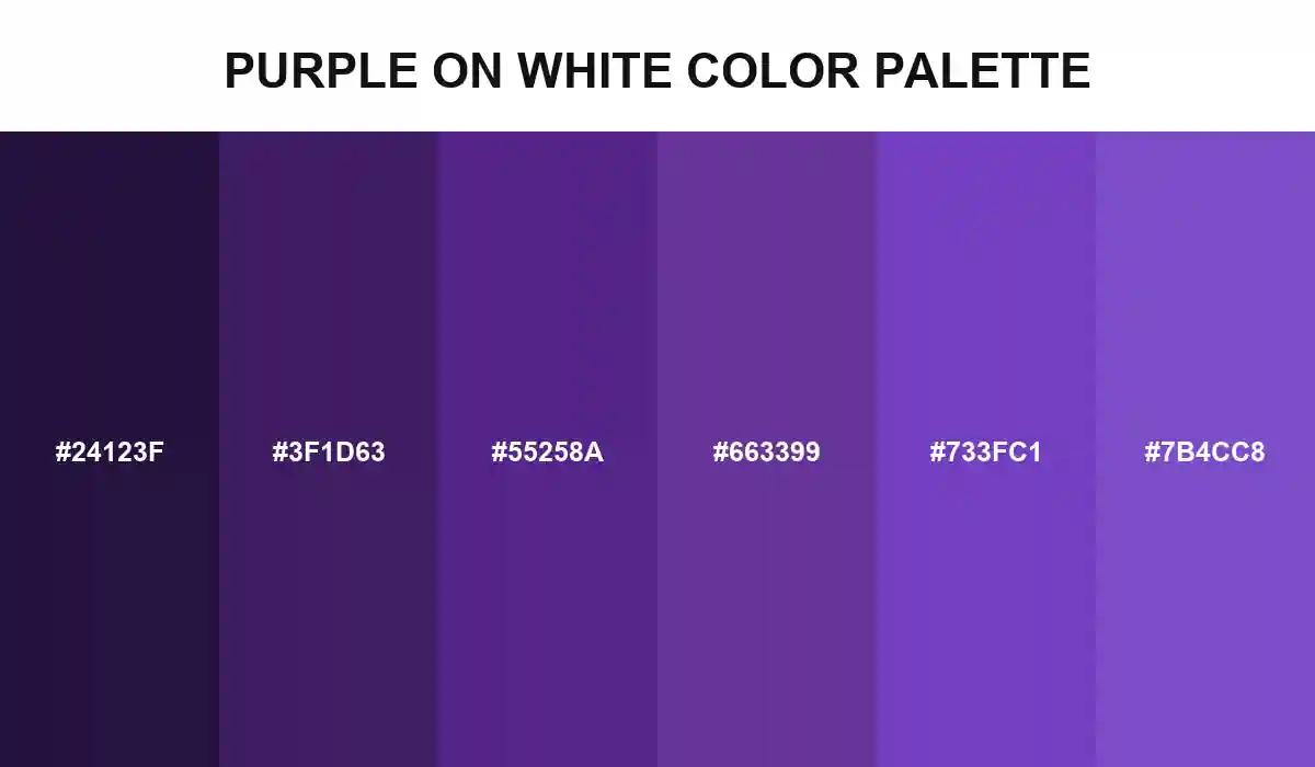 Purple on white color palette with six accessible dark-to-light purple HEX values tested against white