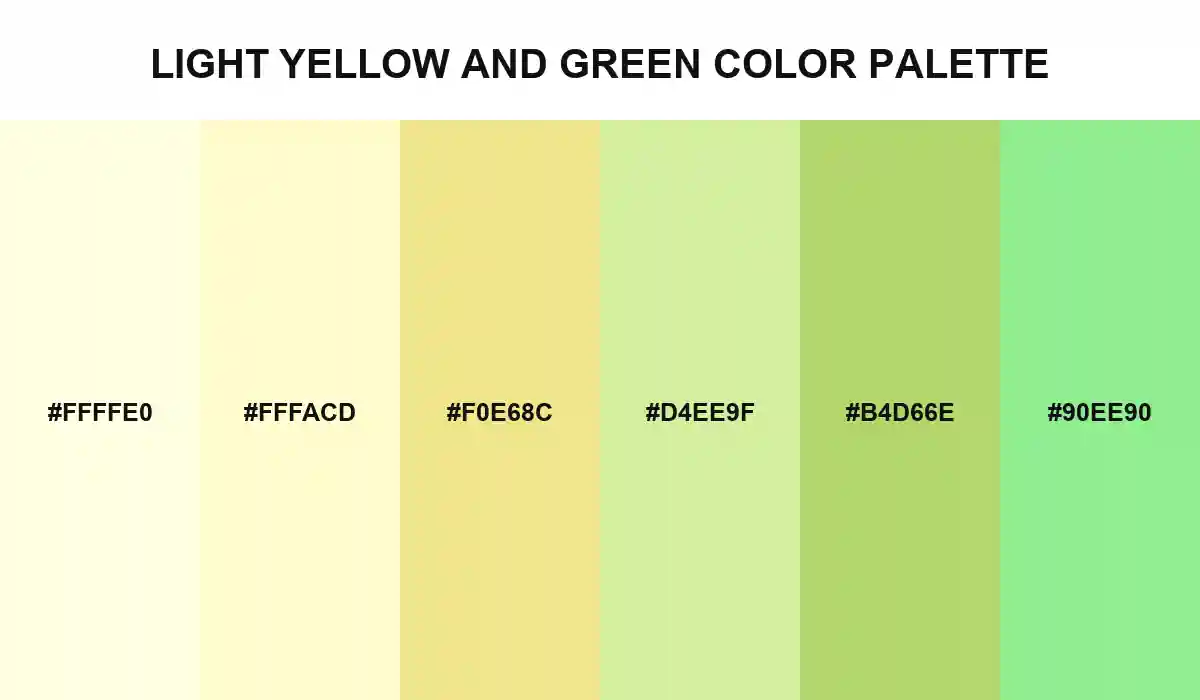 Light yellow and green color palette moving from LightYellow and LemonChiffon through pear to LightGreen HEX values