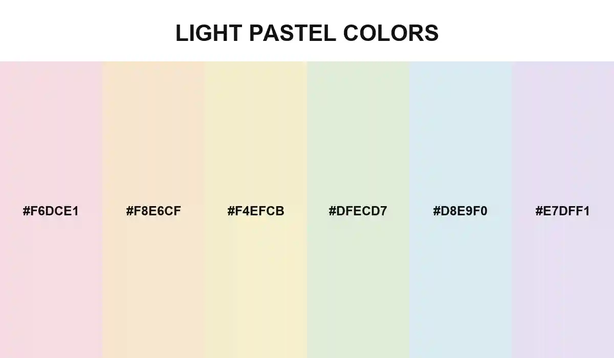 Light pastel colors in rose dust, peach chalk, butter powder, mint, blue paper, and lilac HEX values