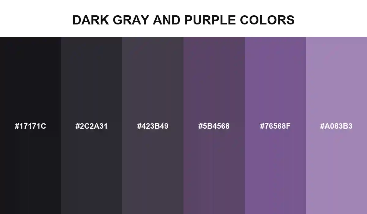 Dark gray and purple colors moving from coal and graphite through mineral plum to amethyst and lilac HEX values