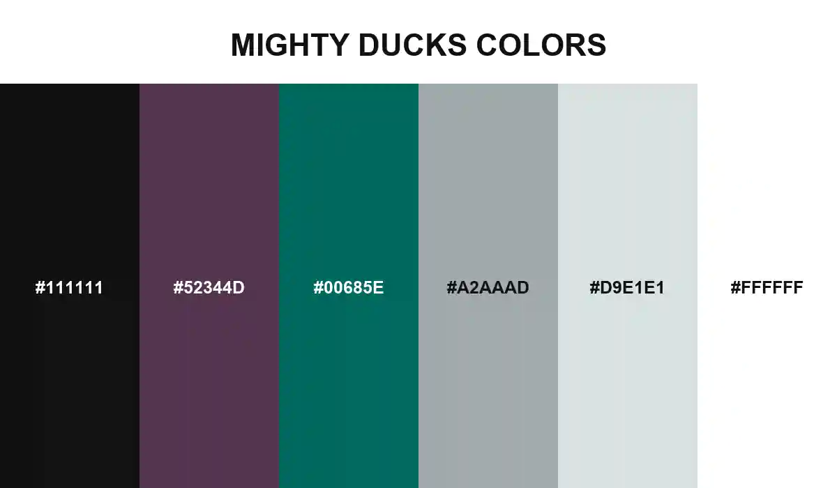 Mighty Ducks colors with puck black, eggplant, jade, rink silver, ice gray, and jersey white HEX values