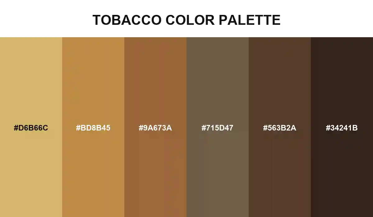 Tobacco color palette with lemon leaf, cured gold, orange-brown, tobacco brown, and dark wrapper HEX values